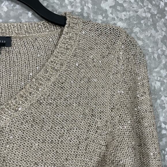 The Limited Beige Sequin Chiffon Hem Open Knit Sweater - Size Small - V-Neck - Picture 2 of 6